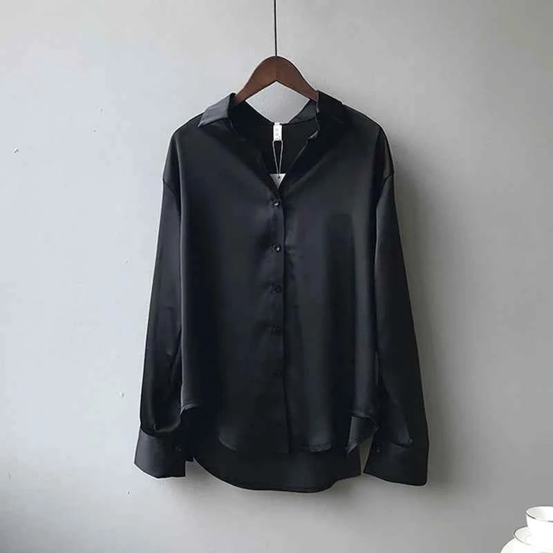 Spring Fashion Button Up Satin Silk Shirt Vintage Blouse Women White Tops Lady Long Sleeves Female Loose Street Shirts 11355