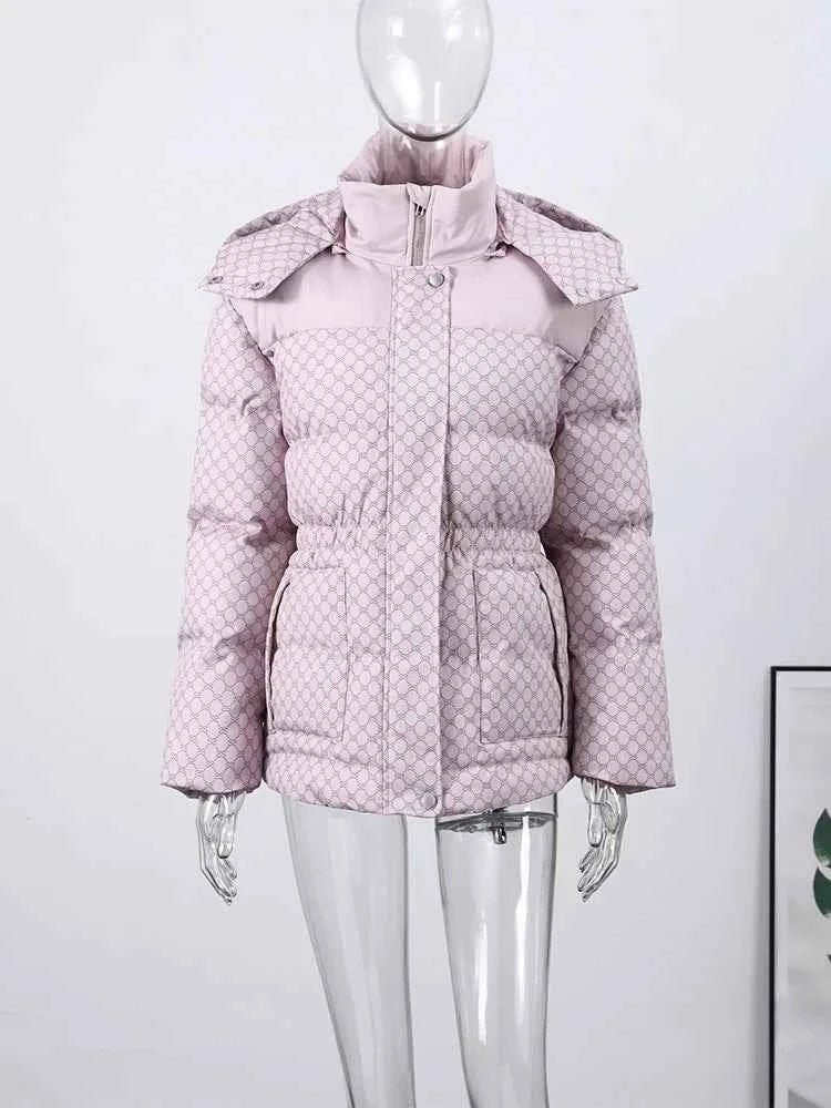 Printed Female Winter Cotton Quilted Jacket Hooded Thicken Zipper Single Breasted Long Sleeve 2025 New Casual Coat Loose Outwear