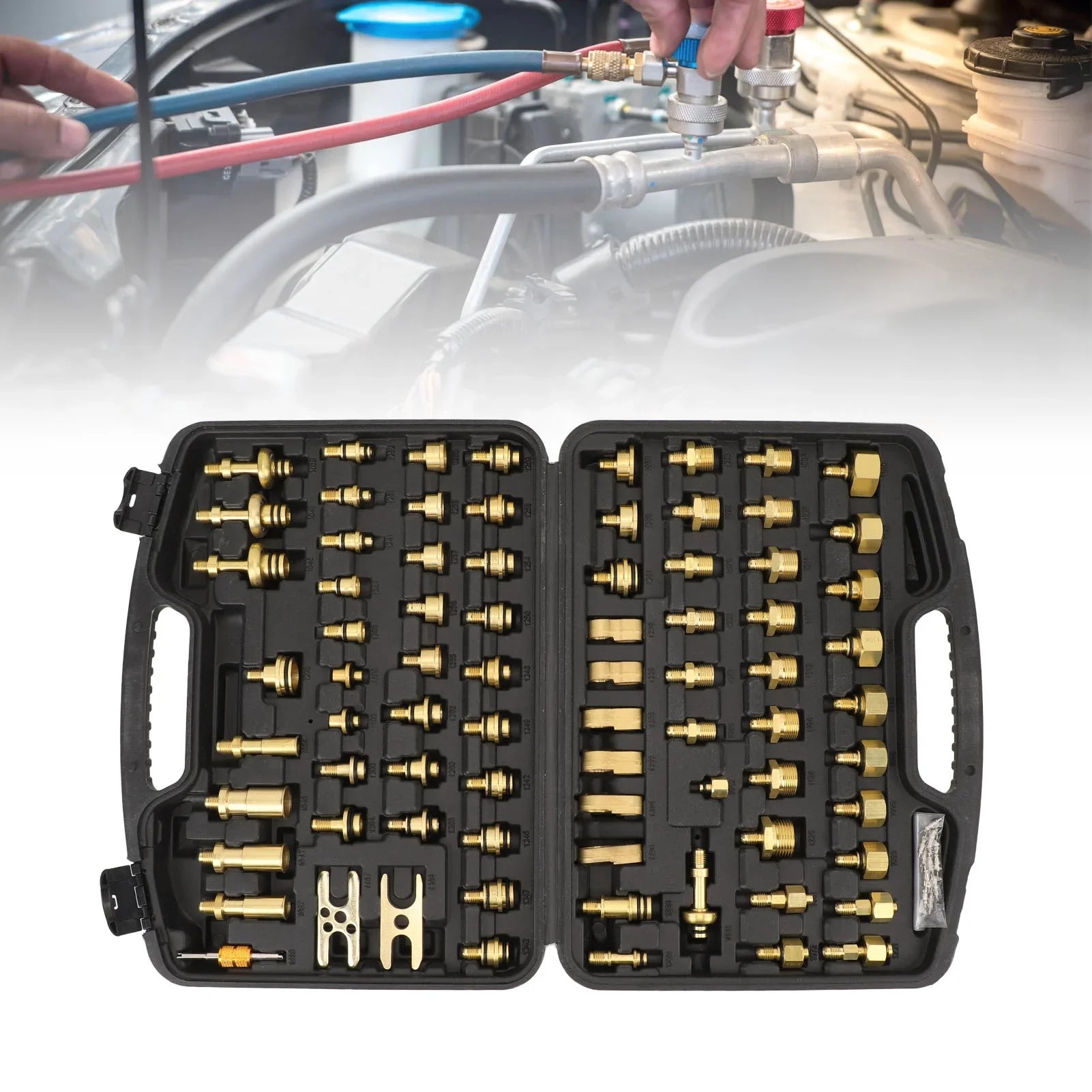 77Pcs Car Air Conditioning Leak Test Kit Brass Ac Leak Detection Tools Connector Repair Kit for Car Auto AC