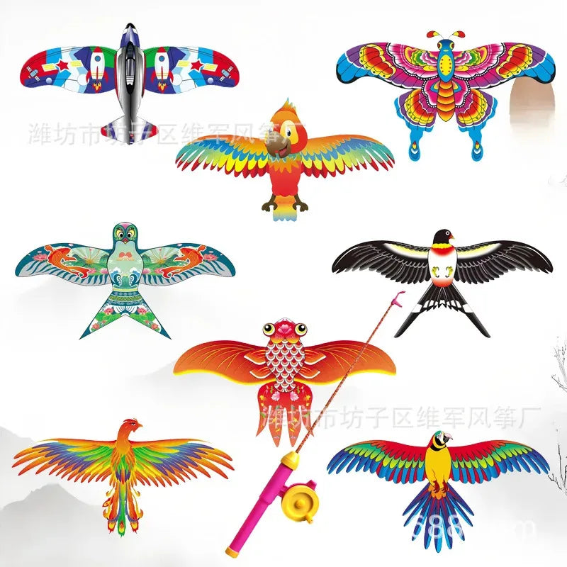 Children Kite Toy Cartoon Eagle Foldable Mini Plastic Toys Kite Hand Brake Fishing Rod  Butterflies For Kids Outdoor Toy For Fun