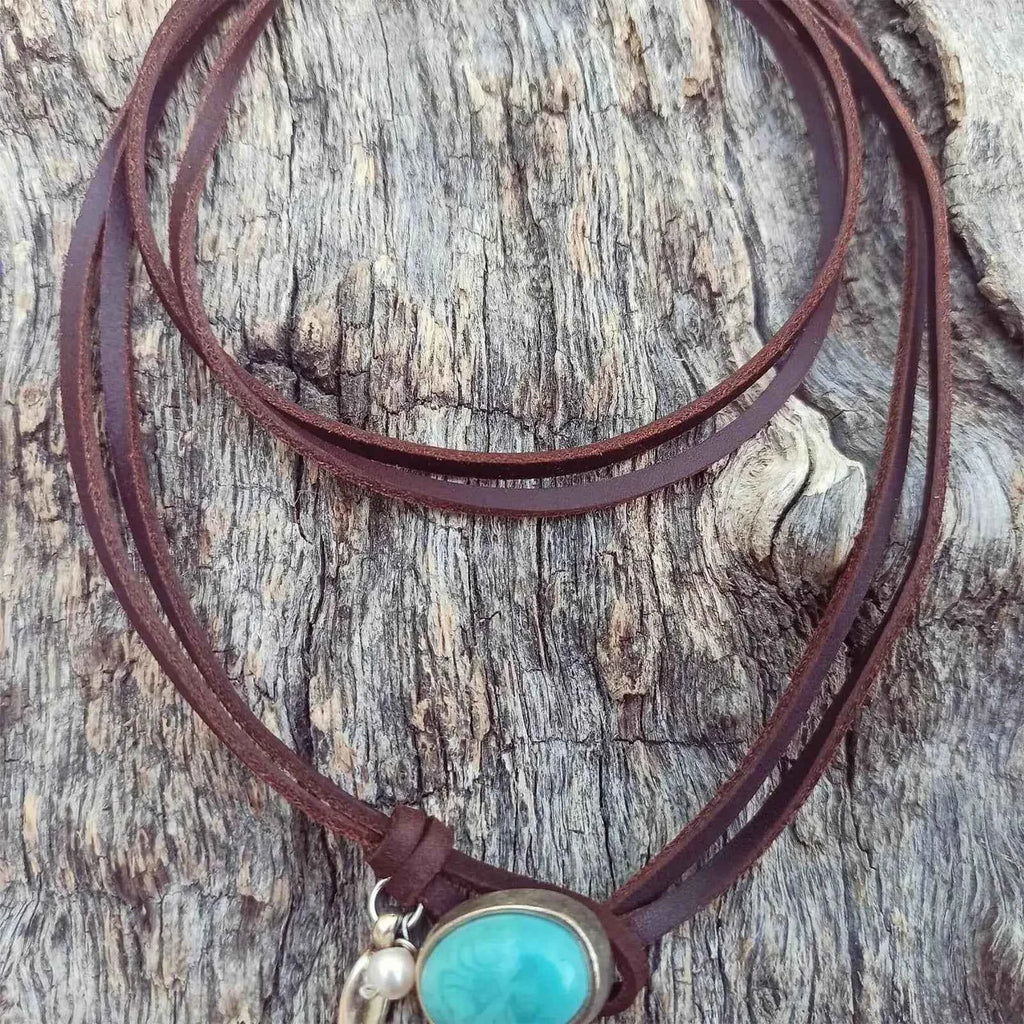 Bohemian Style Necklace for Women Leather Rope Turquoise Pendant Ethnic Vintage Simple Jewelry Gifts Necklace Accessories