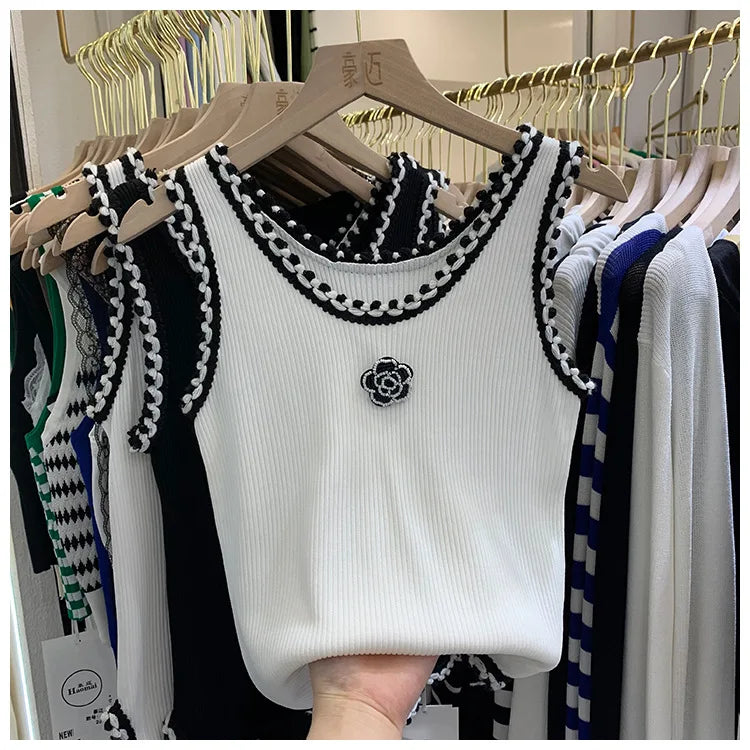 Women Summer Thin Curved Beads Knitted Vest Sleeveless Knit Camisole Tops Female O-Neck Outer Wear Inner Top Tank Rose