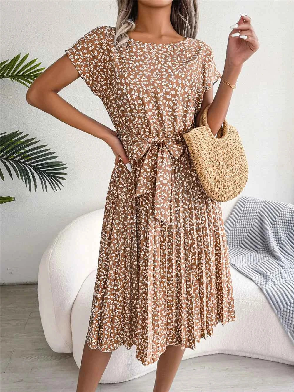 Ficusrong Fashion Floral Pleated A Line Long Dress Women Spring Summer Short Sleeve High Waist Chic Dress