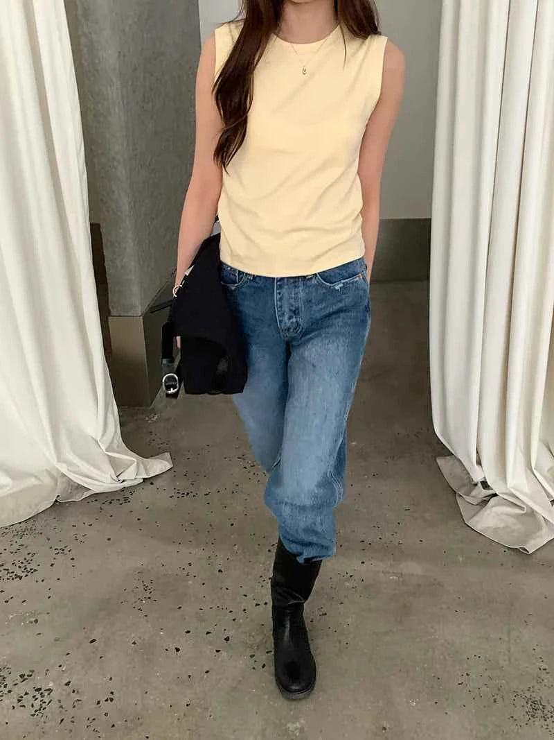 Spring women's casual solid color round neck slim fit vest