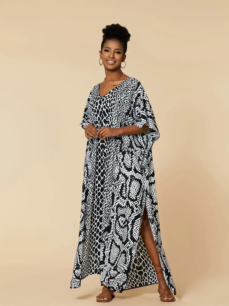 EDOLYNSA 2023 Bohemian Printed Loose Kaftan Casual Summer Vacation Maxi Dress Women Clothing Beach Wear Swim Suit Cover Up Q1469