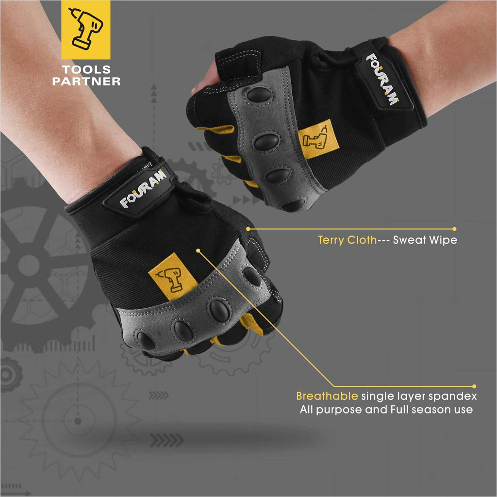 1Pair Work gloves Men Fingerless Mechanic Gloves Shock-Grip, Anti-Collision yellow For wowen men