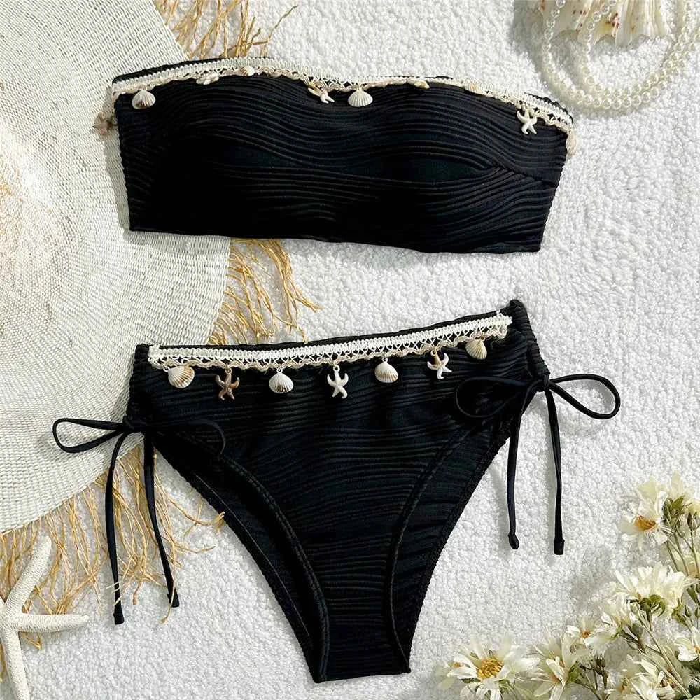 Shell Starfish Edge Bandeau Bikinis Sets Yellow Texture Solid Swimwears Sexy Swimsuit Women 2026 Lace-up Bathing Suit Bikini