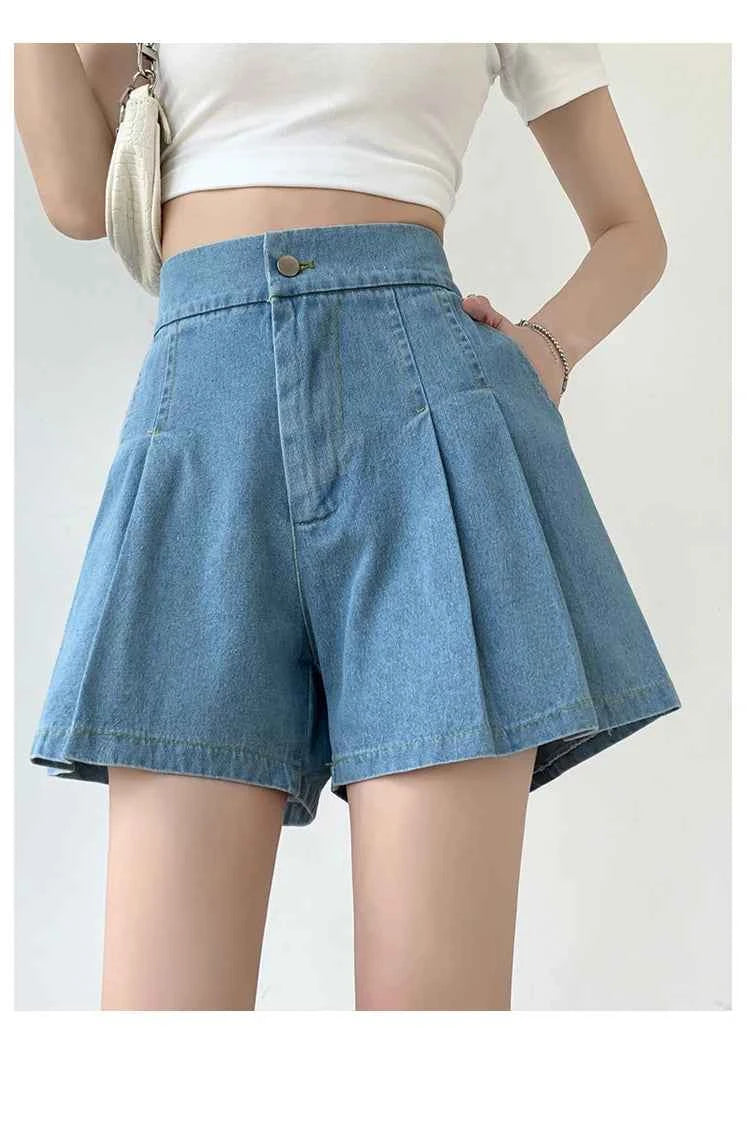 DFRCAEG 2024 Summer Plus Size Denim Shorts For Women High Elastic Waist Blue Or Sky Blue Pleated Mini Large Size Short Femme