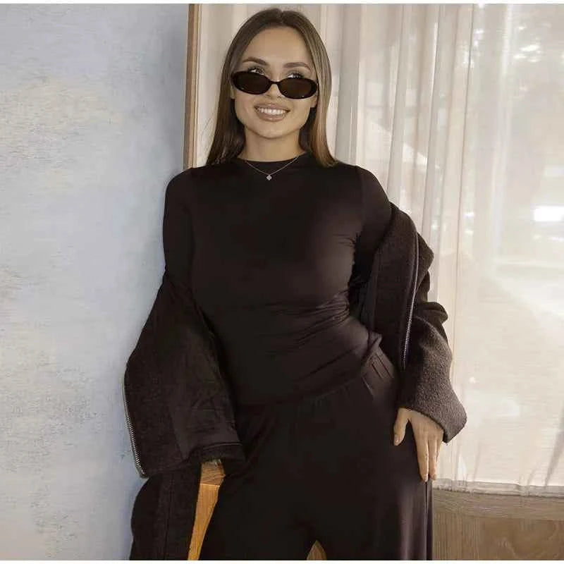 Women Top Pants Suit 2 Piece Sets Solid O-neck Long Sleeve Shirts Elastic Waist Trousers Female Outfits 2025 New Lady Tracksuit