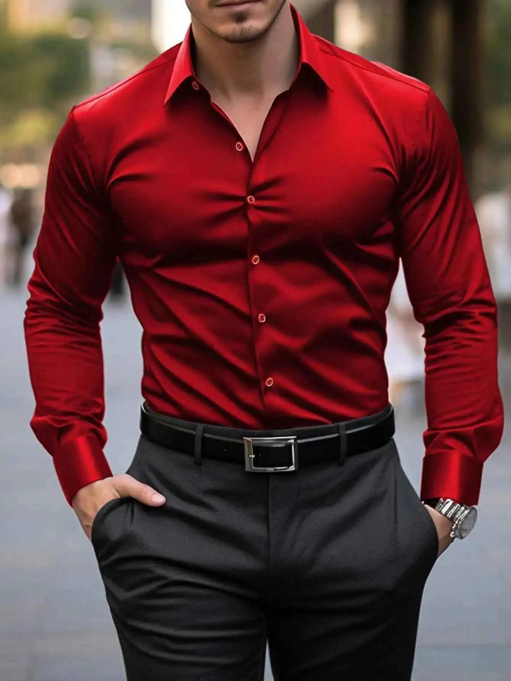 Men's Solid Red Long Sleeve Formal Dress Shirt for Business Office Wear