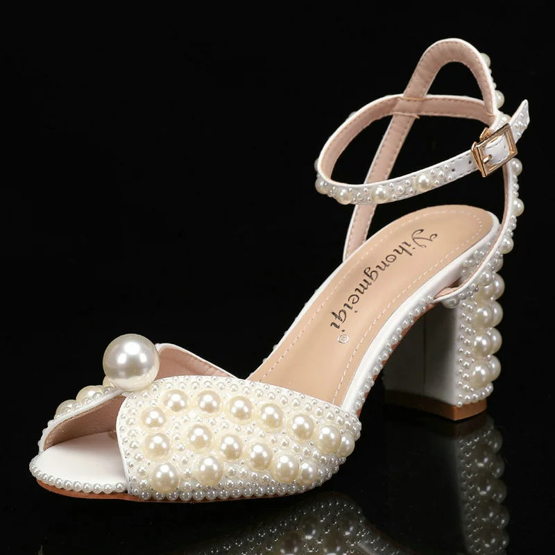 2025 Autumn New Fish Mouth High Heels Waterproof Platform Shallow Mouth 8.5cm Pearl Women'S Single Shoes Bride Wedding Shoes