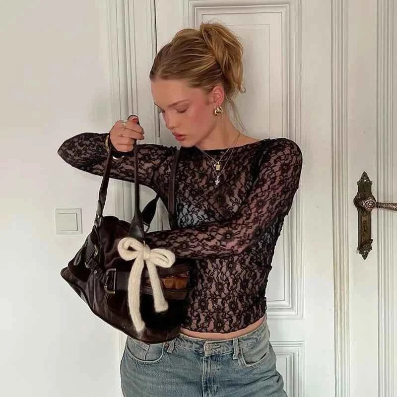 Mooyufon Long Sleeves See Through Lace Crop Top Solid Sexy Bodycon T-Shirt For Women Party Club Autumn Winter Clothes