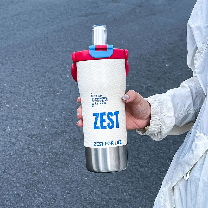 1pc Minimalist Sports-Style Insulated Water Bottle with Straw, 600ML with Handle, Lid Supporting Both Straw & Direct Drinking