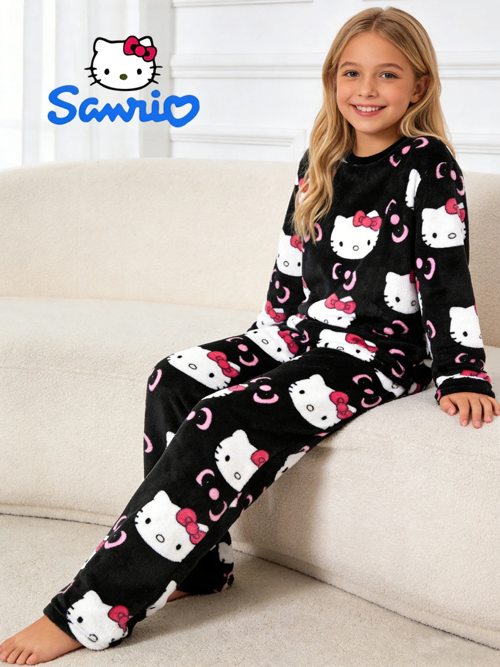 Sanrio girls' sleepwear and pants set for autumn and winter, Hello Kitty long sleeved pants with thick suede for home wear.