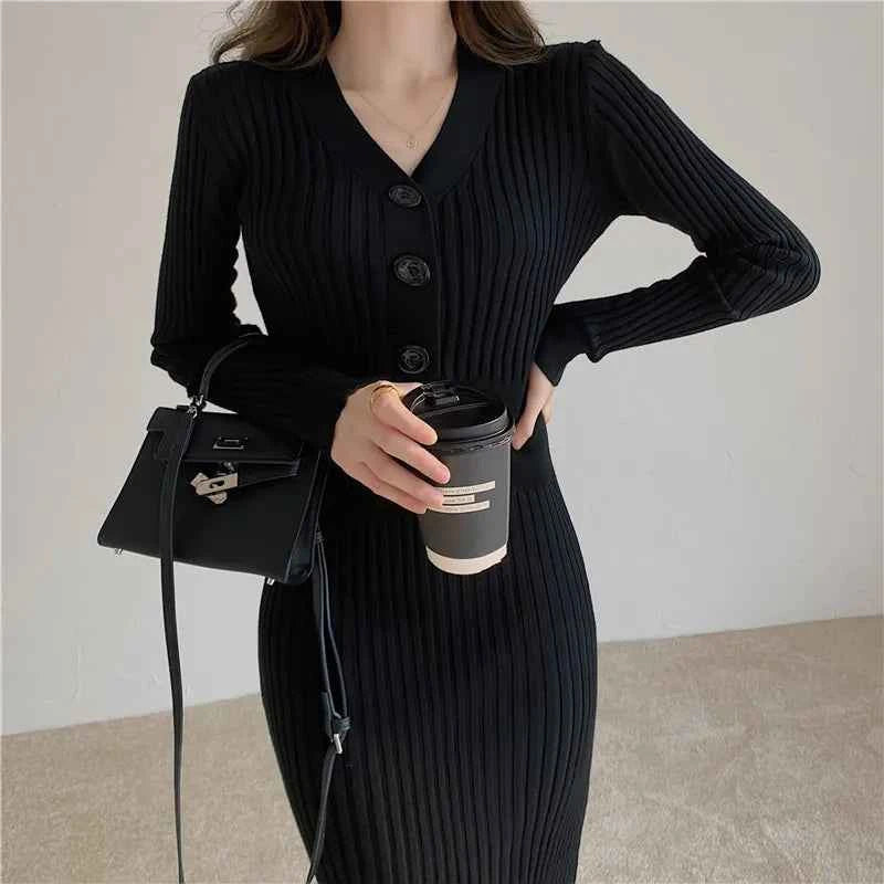 Autumn Winter Sweater Dress For Women 2024 New Arrivals Buttons Up V Neck High Waist Long Knitted Dress Korean Maxi Dresses