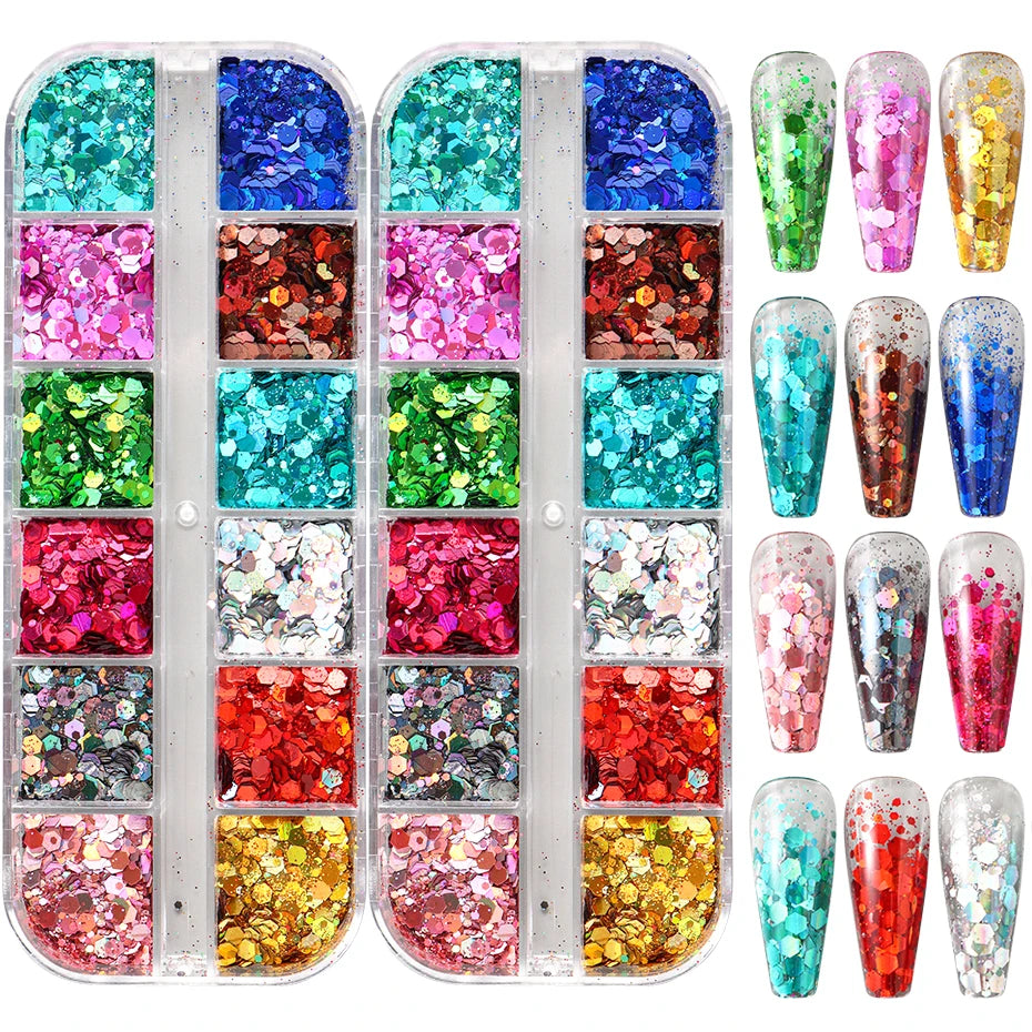 12 Colors Sparkly Holographic Nail Art Glitter Sequins Laser 3D Hexagon Flakes Nail Powder Makeup Nail Art Decorations Manicure