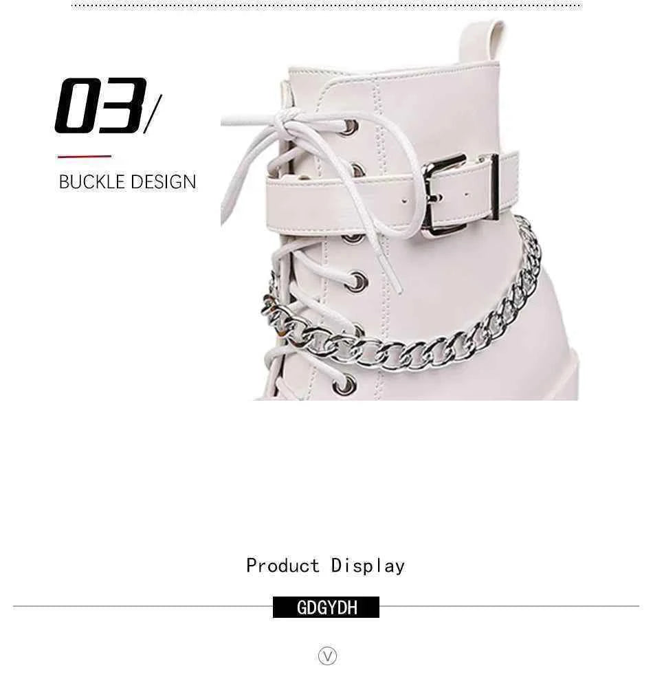 Gdgydh Gothic Buckle Strap Ankle Boots Women Faux Leather Platform Block Chunky Heels Chain Ultra High Heels Motorcycle Boots