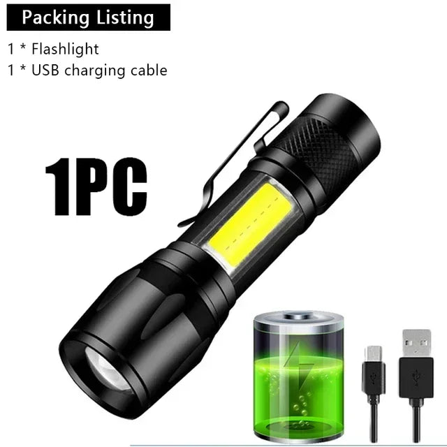 Rechargeable LED Pocket Flashlights with Pen Clip Zoom Mini Light 3 Lighting Mode with Side Lamp for Outdoor Camping Emer