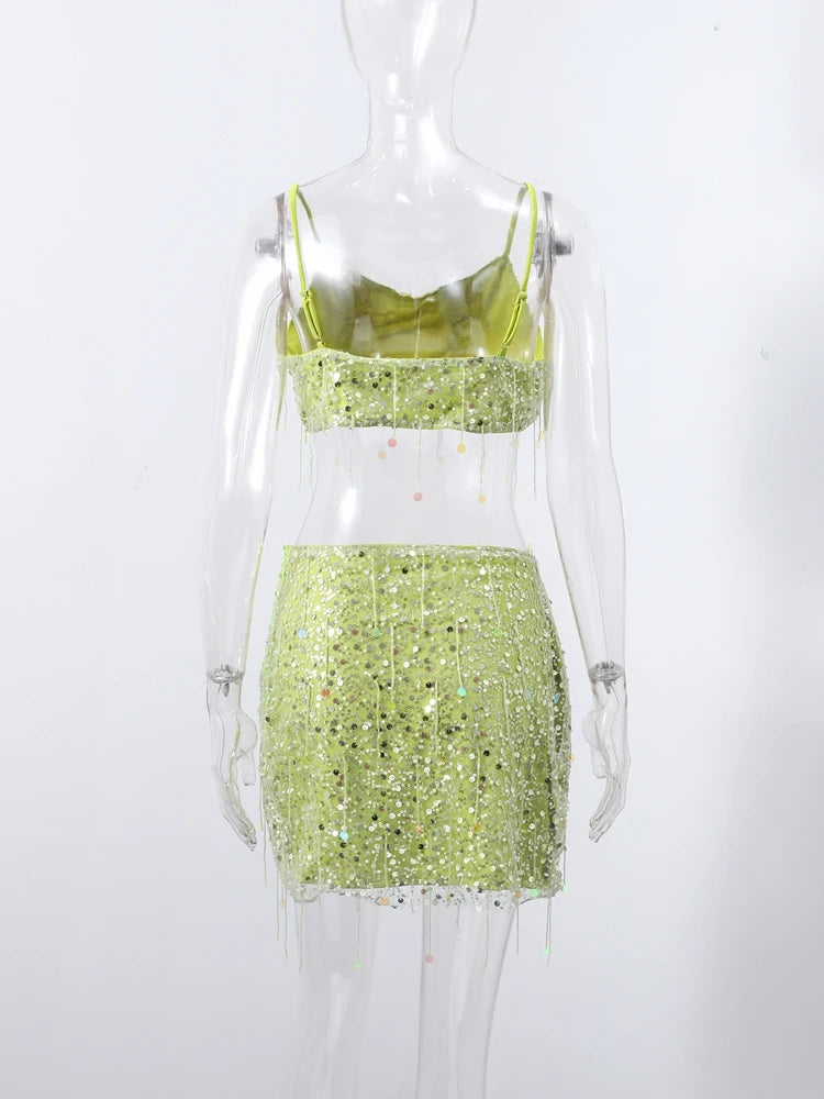 Sexy Tassel Chains Women's Set Elegant Solid Sequins Hip Package Female Party Mini Skirts Summer Holiday Lady Outfit Beachwear