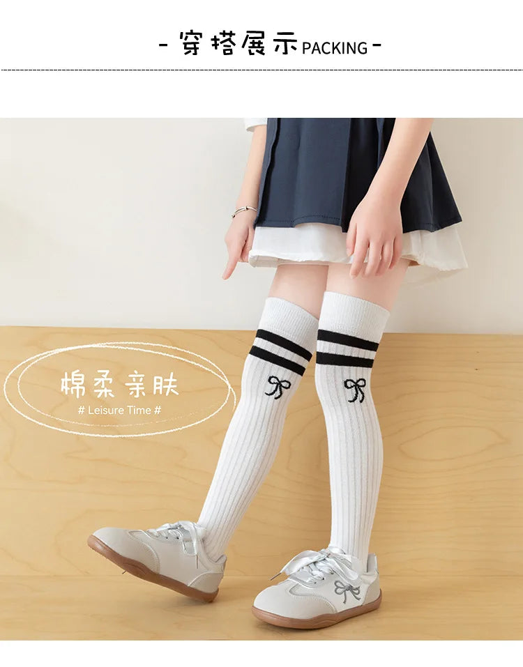 40CM Children's Long Socks Spring and Summer Girls' Bow Princess Skirt Paired with Knee High Sock Striped High Tube Cotton Socks