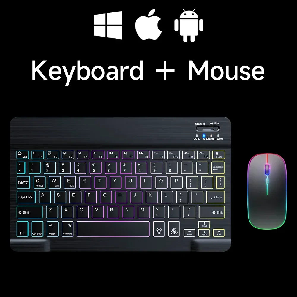 Mini Backlit RGB 10inch Bluetooth Keyboard Wireless Mouse Rechargeable for Spanish Russian Hebrew Korean French Arabic Portugal