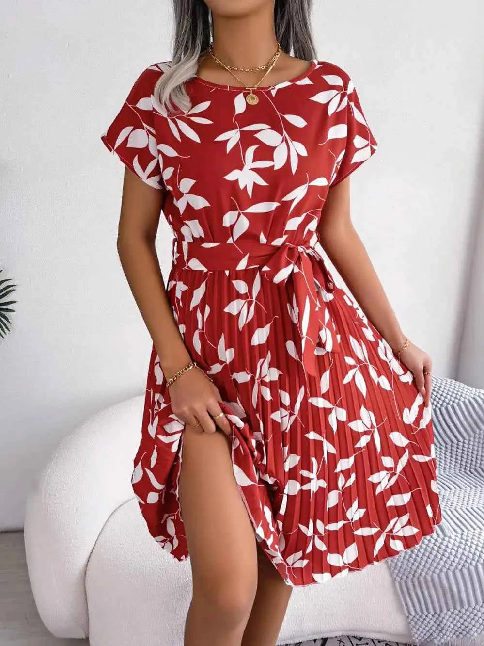 Ficusrong Fashion Floral Pleated A Line Long Dress Women Spring Summer Short Sleeve High Waist Chic Dress