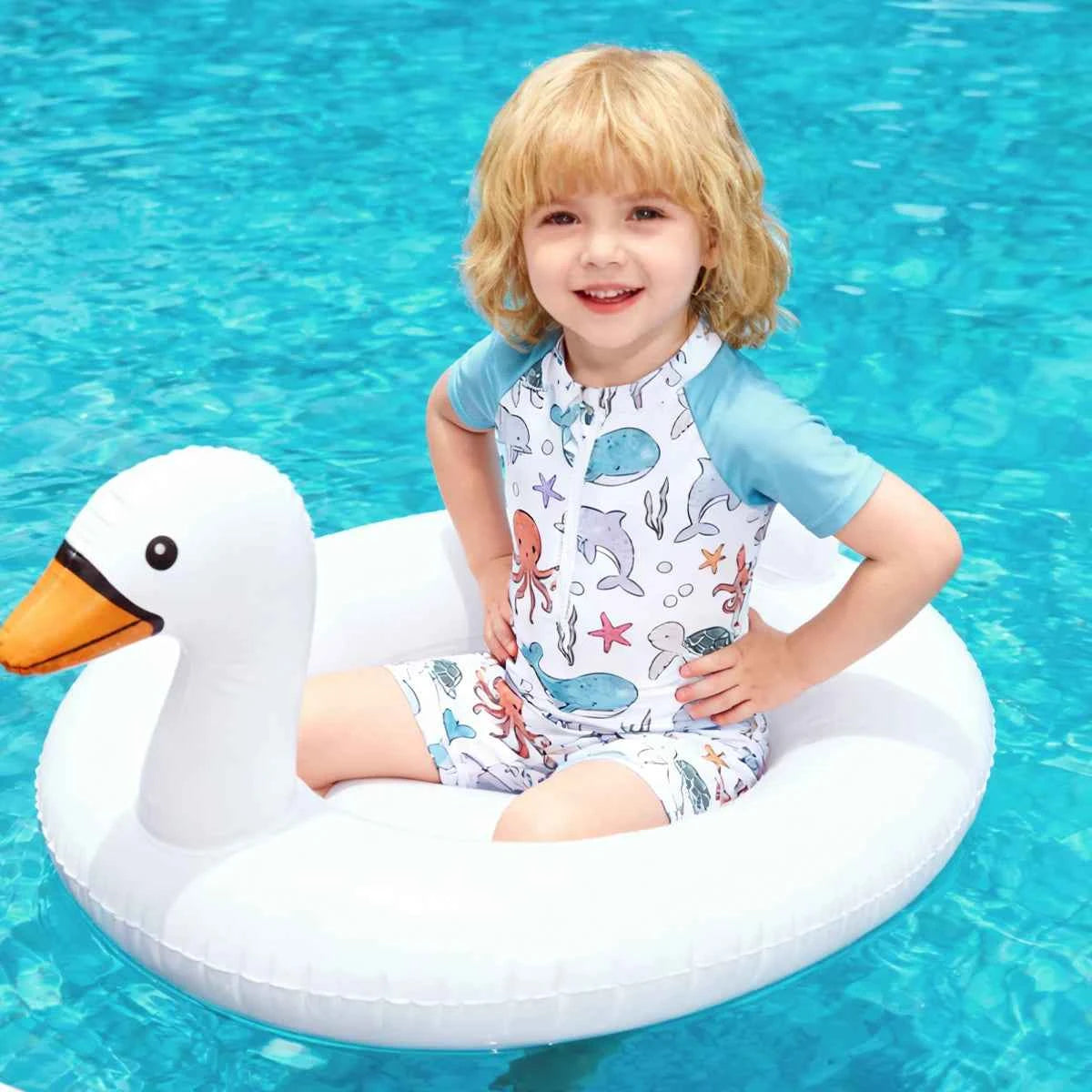 Happyflute Kids Short Sleeve One-Piece Swimsuit Quick Dry Toddler Summer Rash Guard with Shorts ，Sun Protection Suit