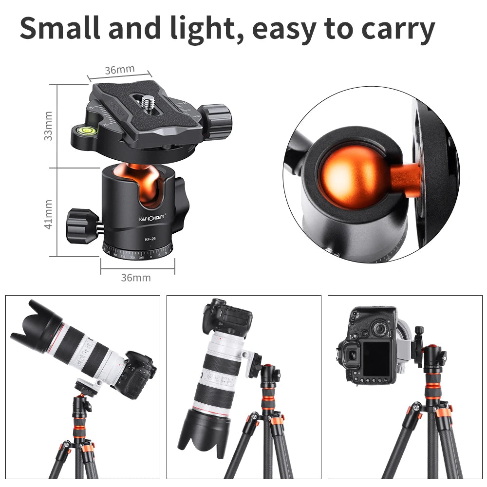 K&F CONCEPT Professional Tripod Ball Head 360° Rotation Panoramic 1/4" to 3/8" Srew Adapters BallHead for Tripod Monopod Camera