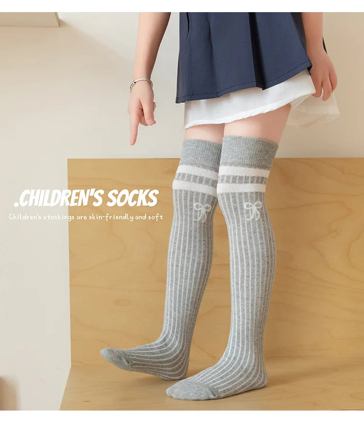 40CM Children's Long Socks Spring and Summer Girls' Bow Princess Skirt Paired with Knee High Sock Striped High Tube Cotton Socks