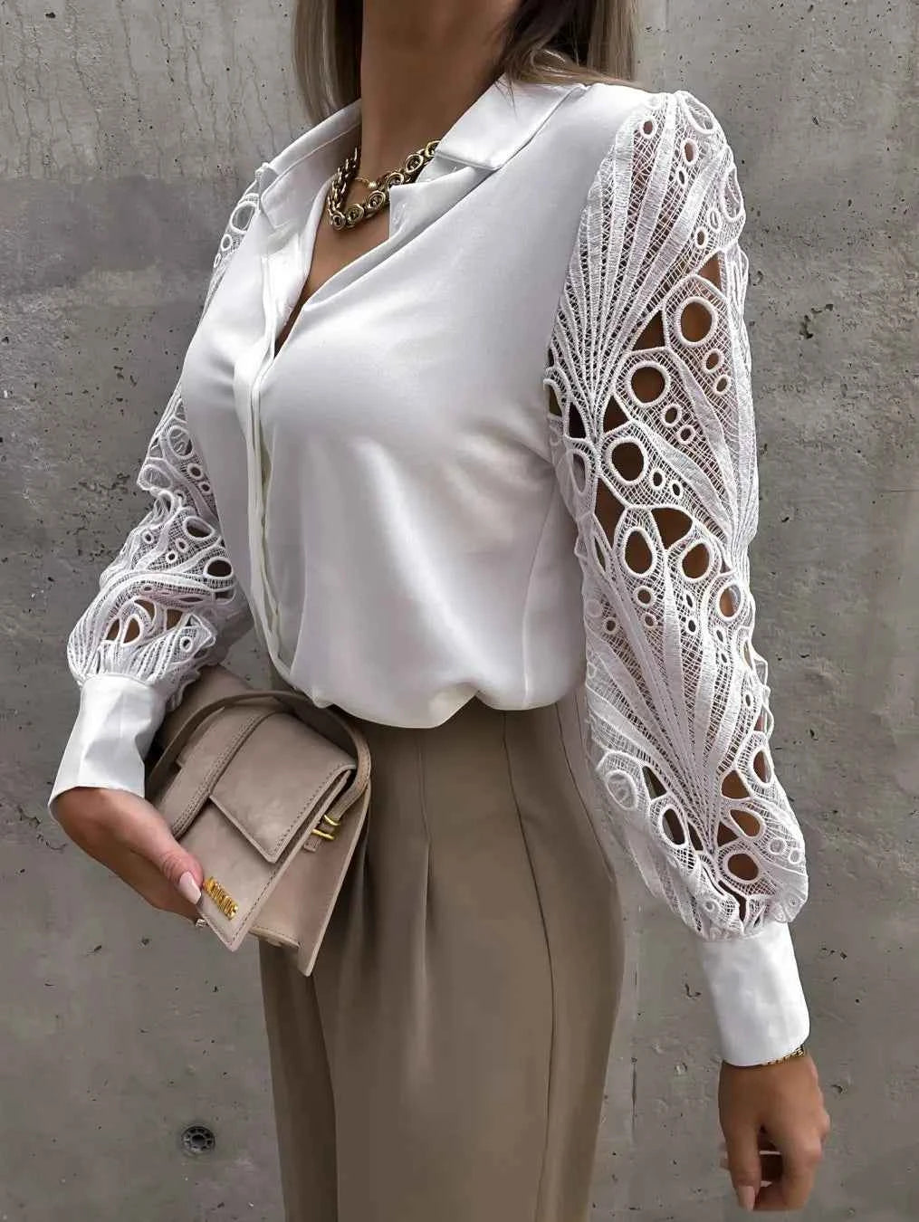 White Sexy Lace Hollow Out Women Blouse Autumn 2025 Spring Black Top Vintage Button Up Shirts Long Sleeve Mesh Design Tops 19948