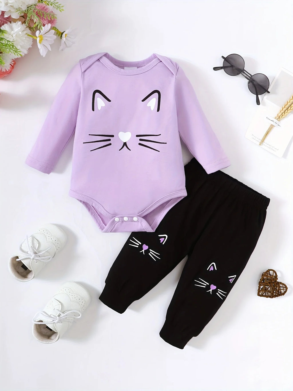 Adorable and trendy purple kitten print long-sleeve romper with zipper and long pants, 2-piece set for infants and toddlers