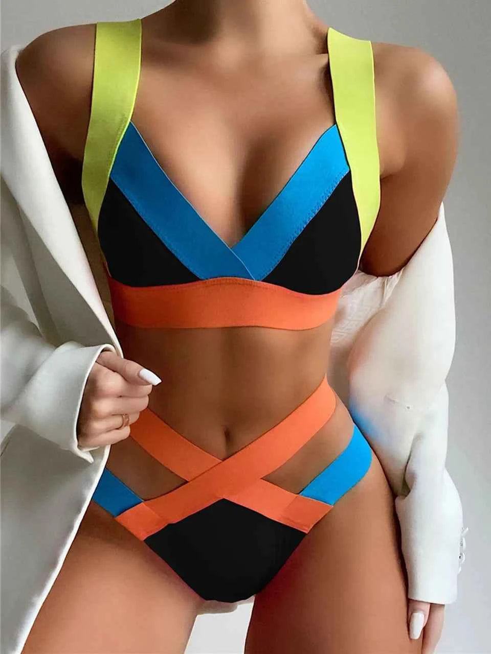 2025 High Waist Bikini Straped Swimsuit Block Color Women Solid Swimwear Female Bathers Bathing Swimming Suit Beachwear Summer