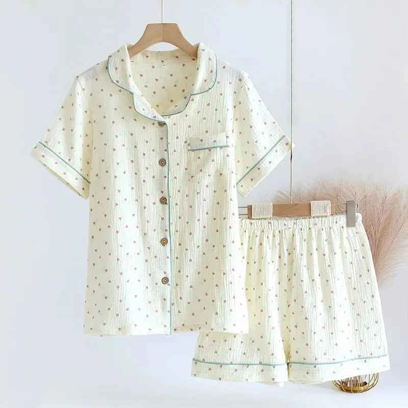 2025 Summer Women Pajamas Cute Tulip  Printing Sleepwear 100% Cotton Gauze Female 2 Piece Set  Nightwear Pyjamas Loungewear