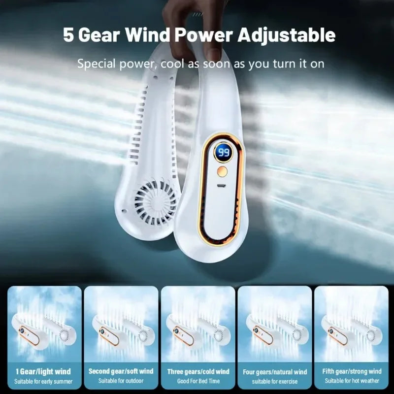 Neck Bladeless Fan Mini Ultra Long Life Portable Lazy Silent Fan USB Charging Student Sports Office Digital Display Power 5 Gear