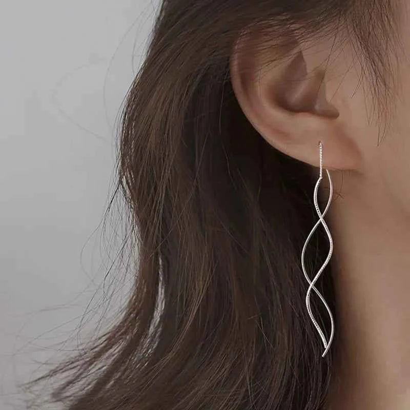 Long Spiral Ear Line Wave Drop Geometric Simple Rhinestones Metal Style Tassel Dangle Earrings for Women Party Fashion Jewelry N