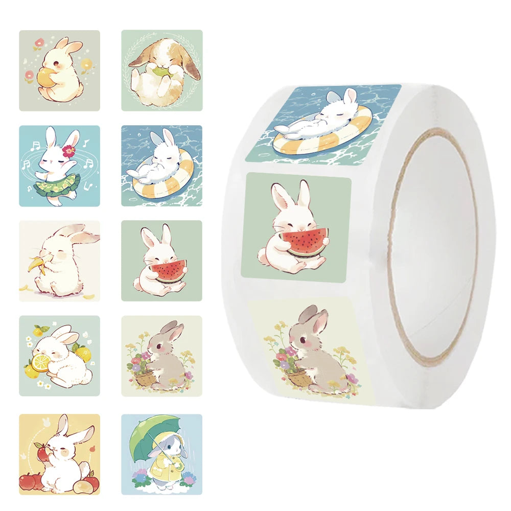 500PCS Cartoon Cute Rabbit Sticker, Teacher Reward Praise Roll Sticker Labels, Envelope Seal Tag Handmade Notebook Phone Sticker