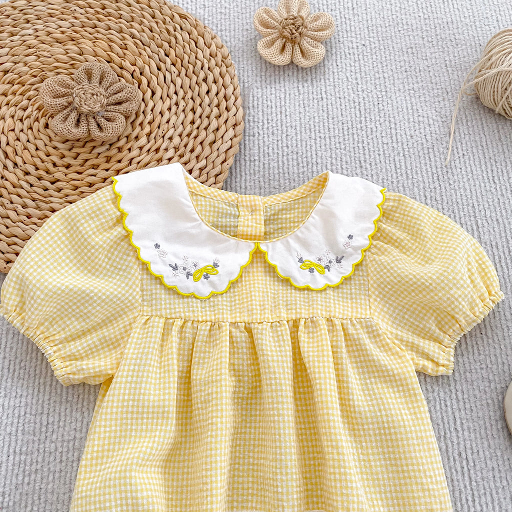 2026 Summer Baby Girl Embroidered Collar Bodysuits 0-24M Baby Girl Romper Newborn Short Sleeved Baby Girl Yellow Jumpsuit