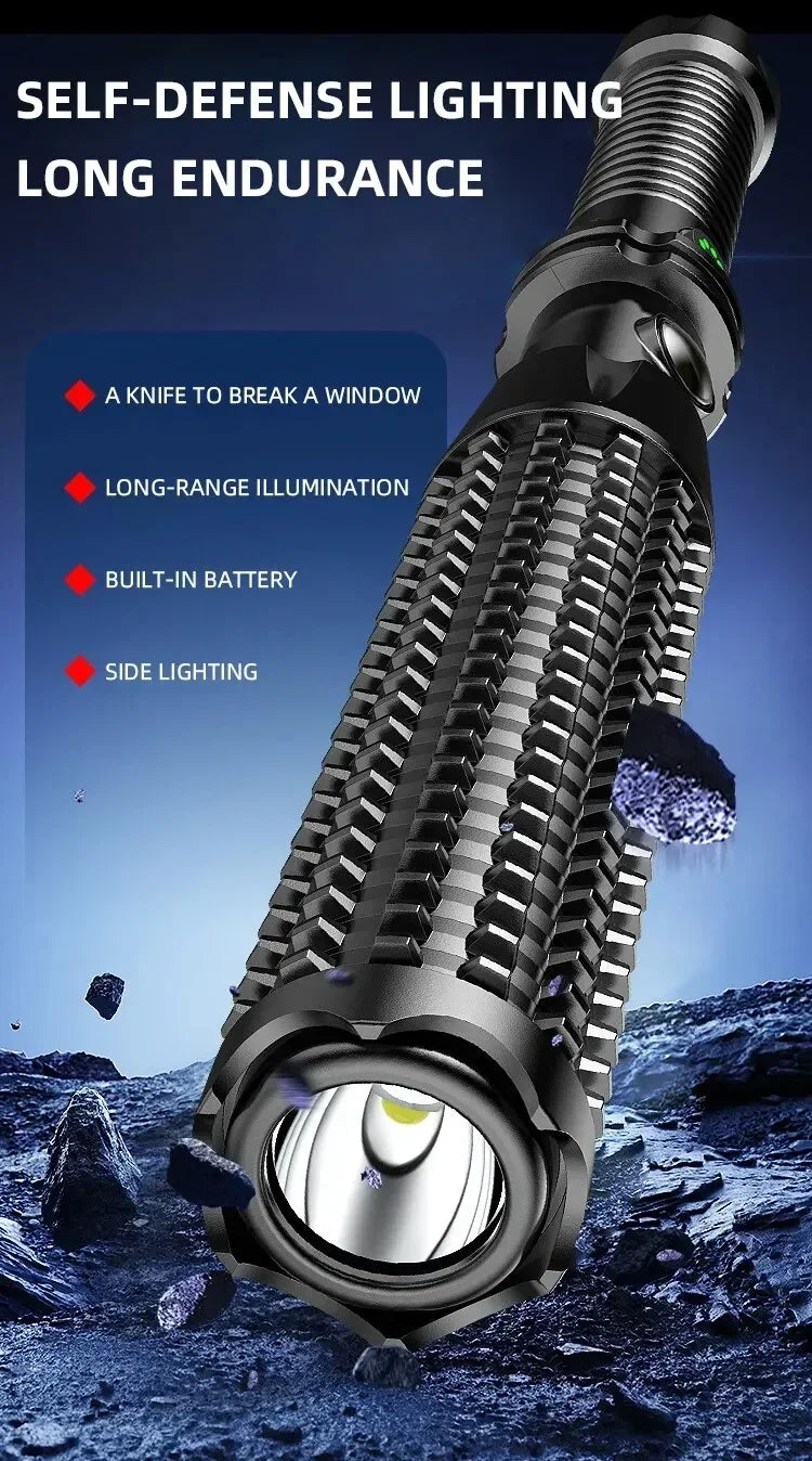 Self-defense Flashlight Window Breaker Hammer USB Rechargeable Super Bright Torch 4 Speed Adjustable Outdoor Emergency Work Lamp