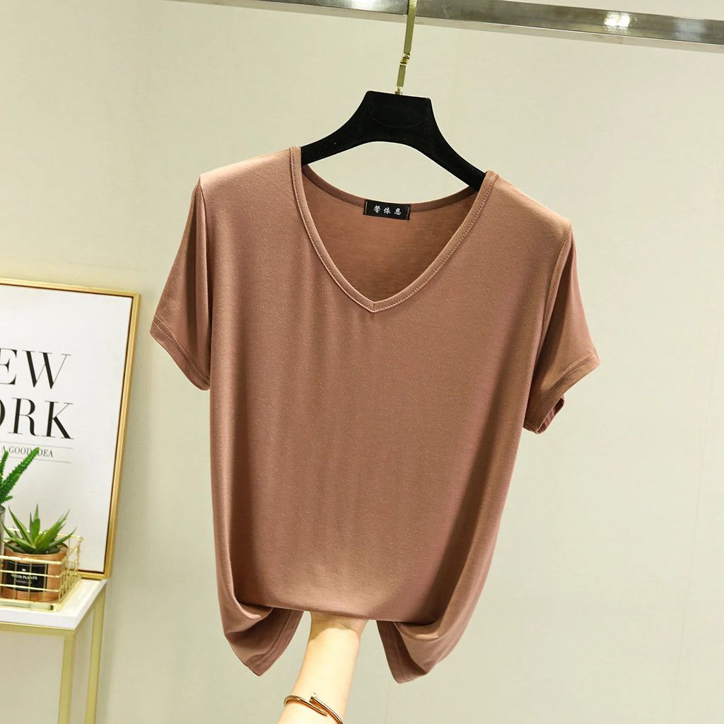 Summer women Modal V-Neck Tshirt Thin Bottoming T-shirts Plus size Loose tee tops Streetwear Basic Top