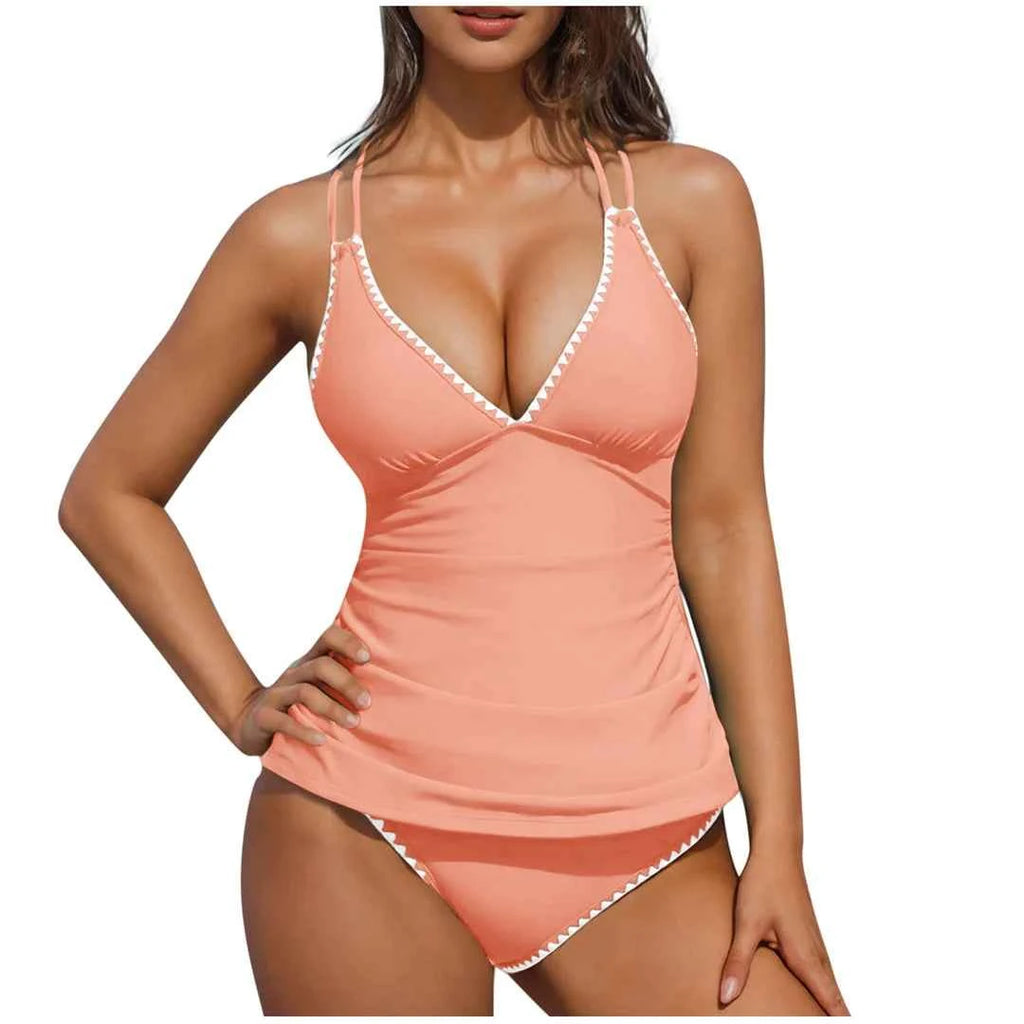 S - XXL New 10 Colors V Neck Tankini Bikini Women Swimwear Female Swimsuit Two-pieces Bikini set Bather Bathing Suit Swim K6770