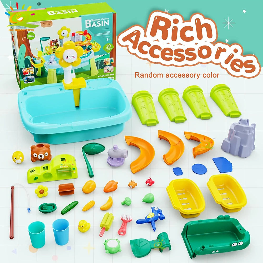 Electric Kitchen Play Set for Kids, Sink, Fishing Slide Water Park, Family Role-Playing Games, Early Learning Toys for Babies