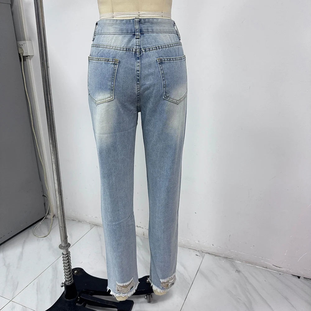 New Women's Slim Jeans Fashion Casual Ripped Denim Pants Spring Autumn Office Lady Work Trousers High-waisted Straight Jeans