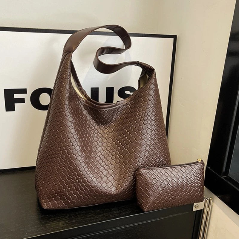 Women's Retro Artificial Leather Woven Pattern Shoulder Bag,Large Capacity Tote Bag,Casual Armpit Bag, Large Tote Bag,Daily Work