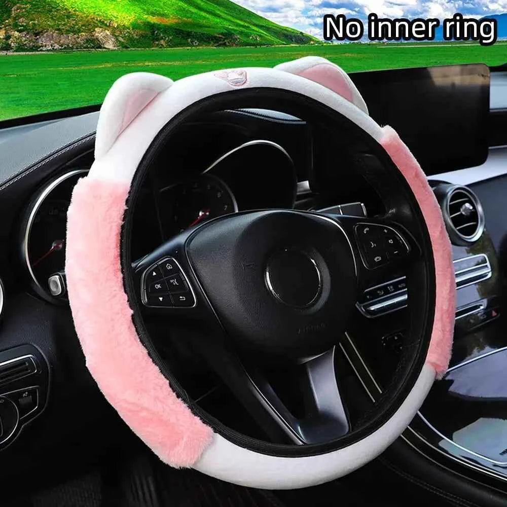 Cute Cartoon Plush Kitten Warm Car without Inner Ring Steering Wheel Cover Car Accessories Suitable for 14.5-15INCH