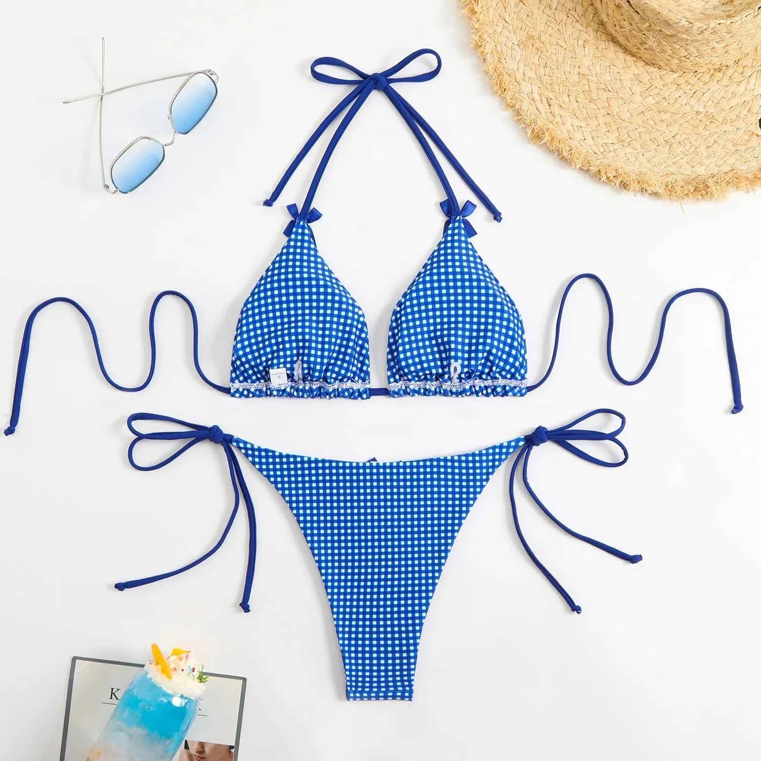 Circyy 2026 Bathing Suit Women Plaid Dot Split Swimsuit Neck-mounted Bow Tie Beachwear Vintage Simple Two-piece Bikinis Summer