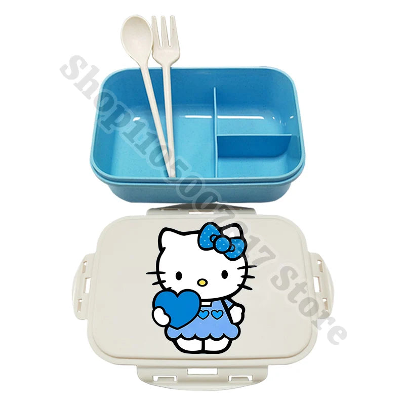 Kids Portable Plastic Lunch Box Hello Kitty Cartoon Cute Lunchbox with Spoon Fork Children Anime Food Fruit Containers Xmas Gift
