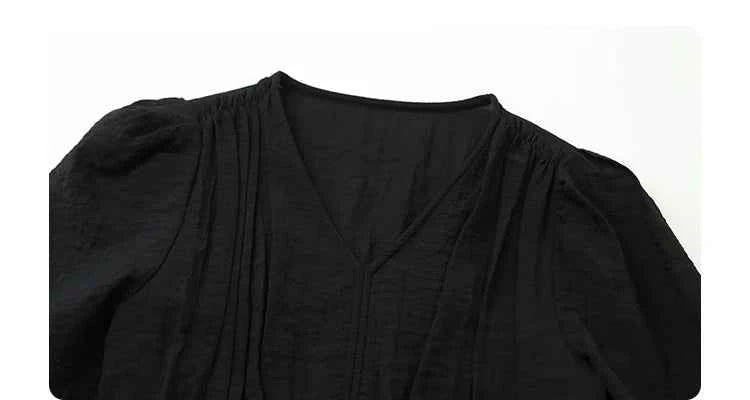 CHIC VEN Women Dresses French Style Vintage V-neck Puff Sleeve Long Dress Solid Black Loose Female Clothing Summer New 2023