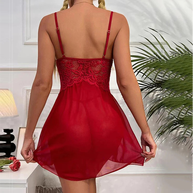 Sexy Lingerie Women Crotchless Sleepwear Pajamas And Thongs Sets Lace Dress Erotic Costumes Exotic Apparel Female Nightgown