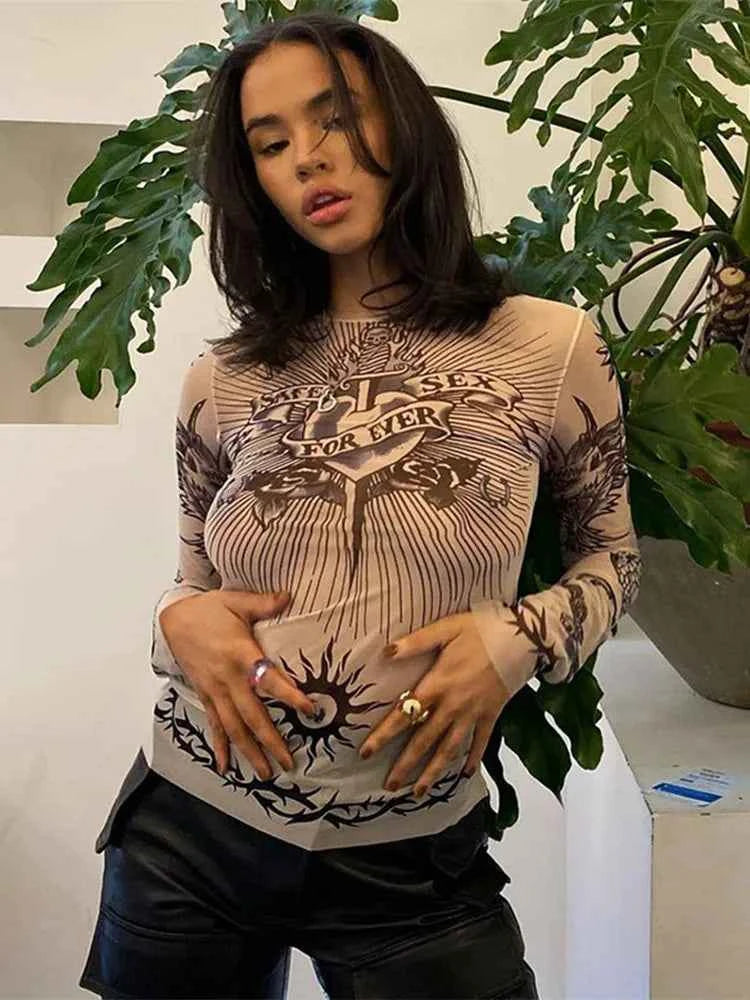 Y2k Aesthetic Punk Clothes Graphic Tees Women Gothic Fashion Full Sleeve Woman Tshirts See Through Streetwear Egirl Tops T Shirt