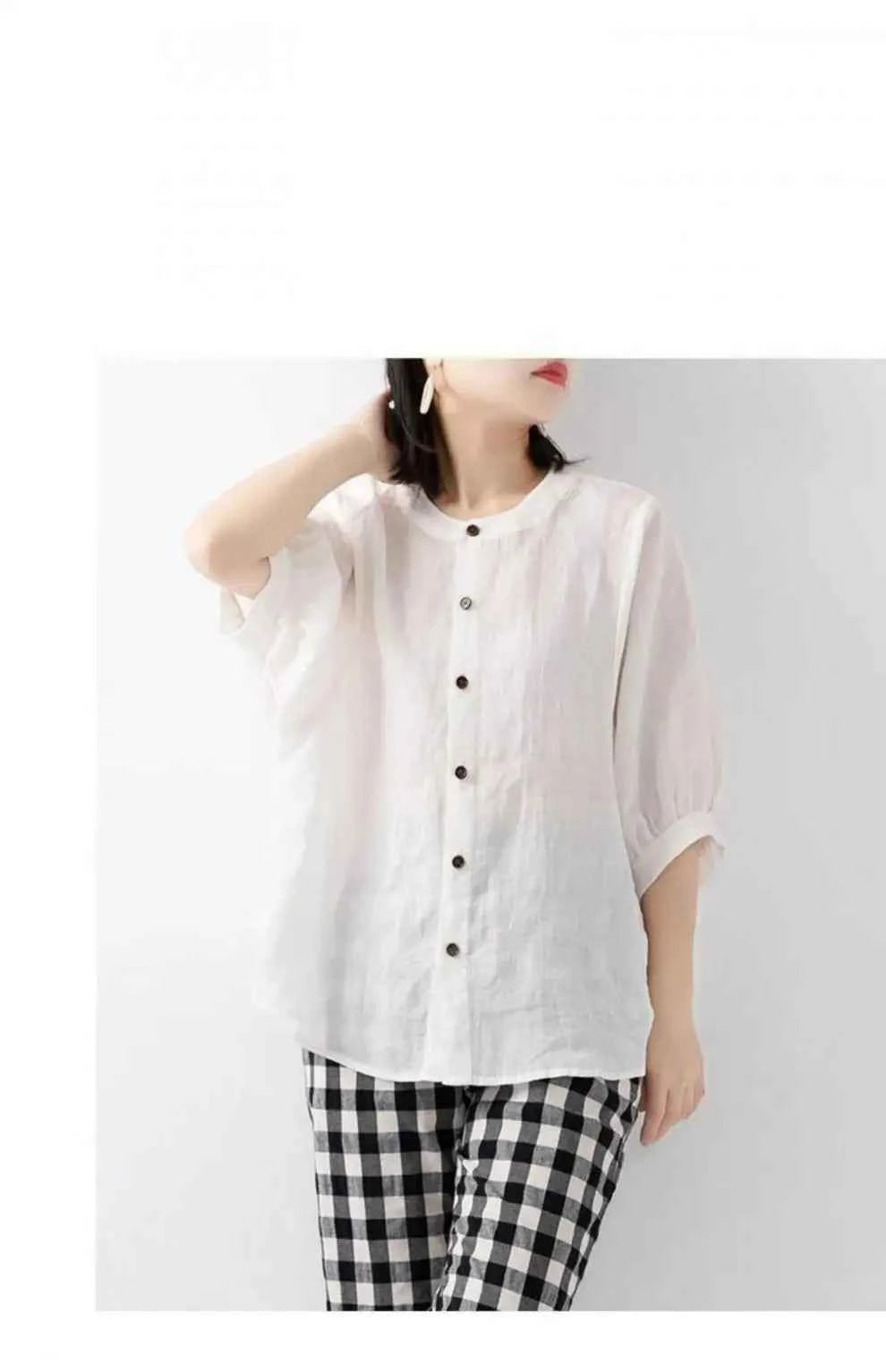 Cotton and linen shirt women's spring and summer thin solid color lantern sleeve stand collar top loose large size shirt